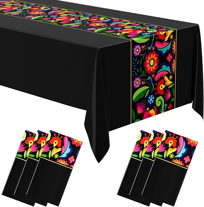 Oudain 6 Pcs Fiesta Tablecloth 108 x 54 Inch Plastic Tablecover Mexican Waterproof Tablecloth Disposable Table Cover for Taco Night Festive Mexican Fiesta Wedding Party Decoration (Black)