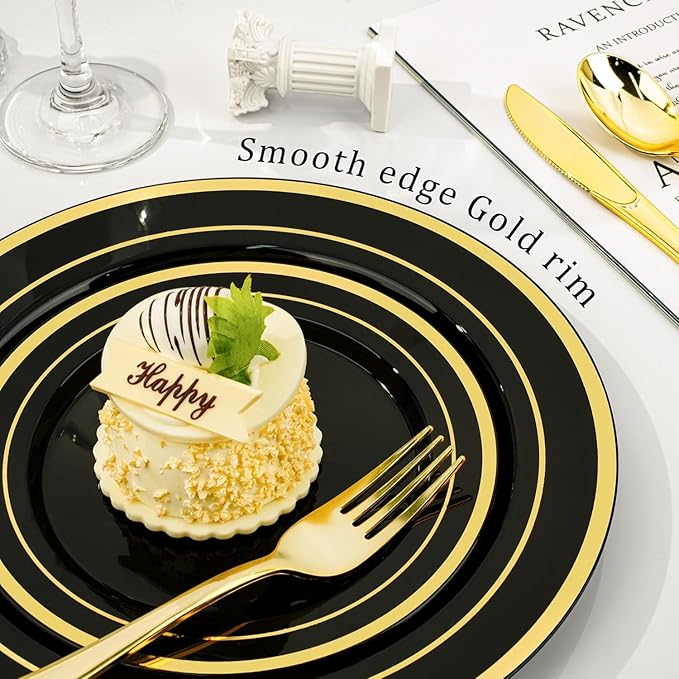 BESTVIP 700PCS Black Gold Plastic Dinnerware Set for 100 Guests, Disposable Plates for Party, Include: 200 Plastic Plates, 100 Pre Rolled Napkins with Gold Silverware, 100 Cups for Christmas