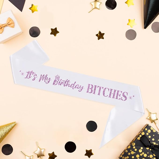 It's My Birthday Bitches Sash,Women and Girls, Birthday Gifts Party Favors Supplies,Funny Birthday Party Decorations,Purple Foil White Birthday Sash