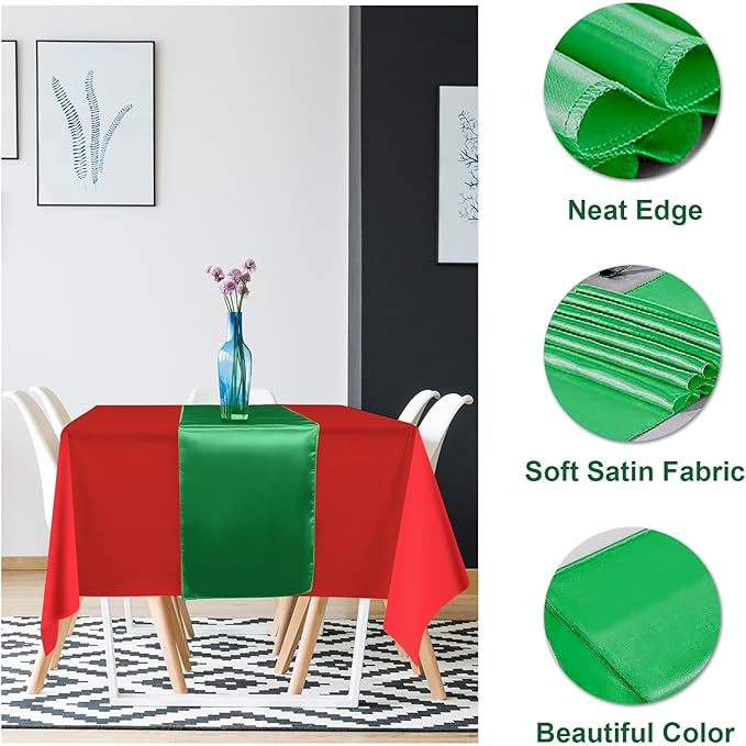 12 Pack 12x108 Inch Satin Table Runner and 84 Inch Rectangle Plastic Tablecloths Set Christmas Red and Green Disposable Table Cloth for New Year Christmas Wedding Holiday Anniversary Party Decorations