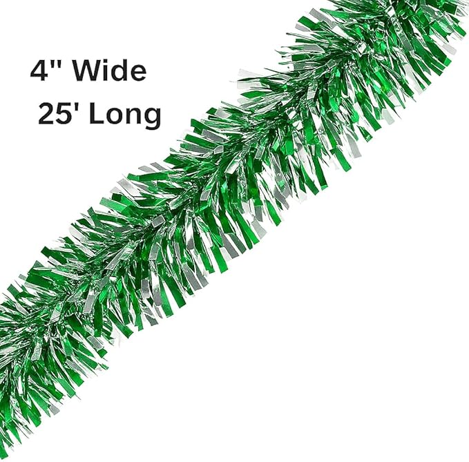 Anderson's Metallic Green & Silver Sparkle Glitter Tinsel Twist Garland, 25ft Holiday Decoration, Christmas Tree Trim, Parade Float Decor, Party Supplies, Graduation, Indoor/Outdoor Event Garland