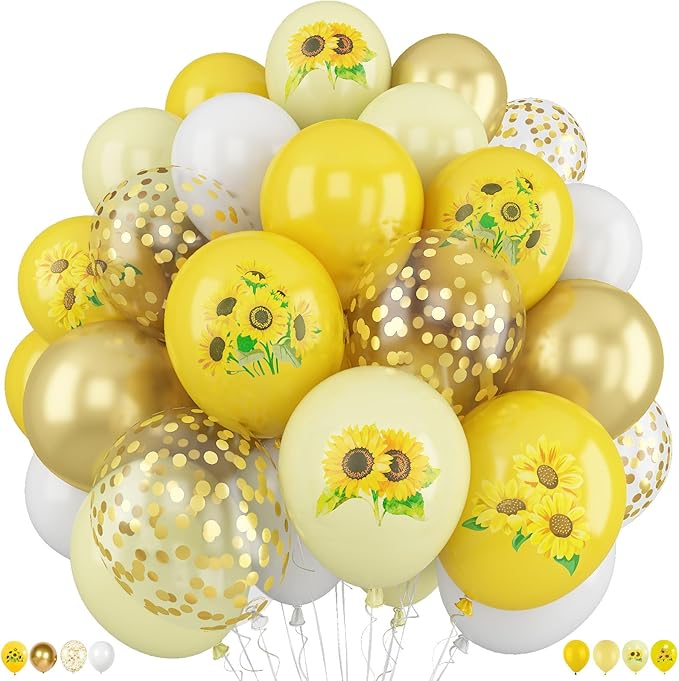 Sunflower Yellow Gold Balloons - 12 Inch Sunflower Bee Theme with Metallic Gold Confetti Balloon for Kids Birthday Baby Shower Party Decorations