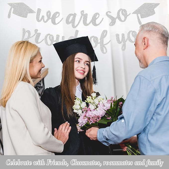 2026 Graduation Decorations Pre-Strung Blingbling We Are So Proud of You Banner Glitter Graduation Garland for Class of 2026 High School College Grad Party (Silver)