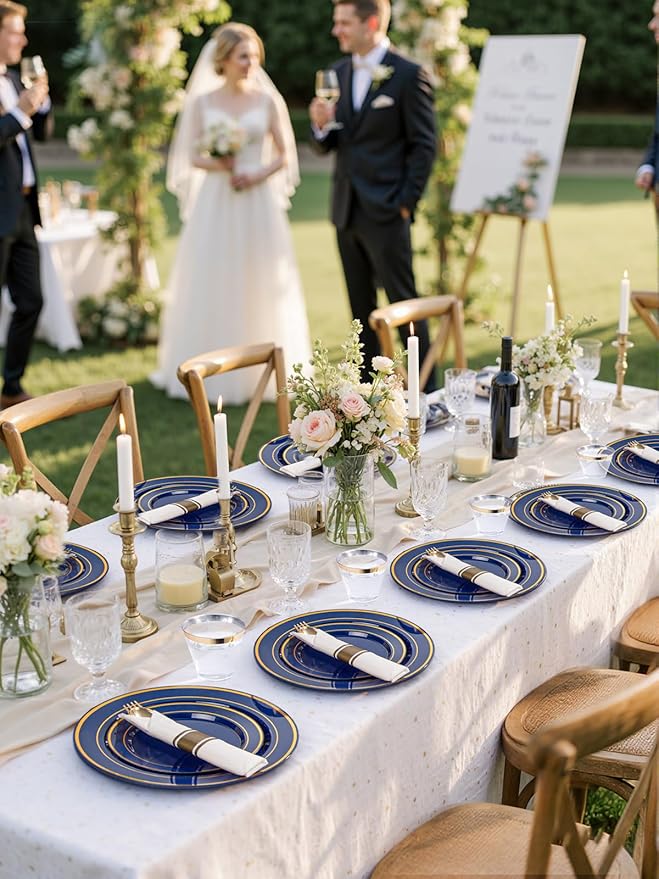 350PCS Navy Blue and Gold Plastic Plates with Rolled Napkins Include Dinner Plate 10’’, Dessert Plate 7’’, gold Cups 9 OZ, Pre Rolled Napkins for Passover/Birthday/Wedding/Easter