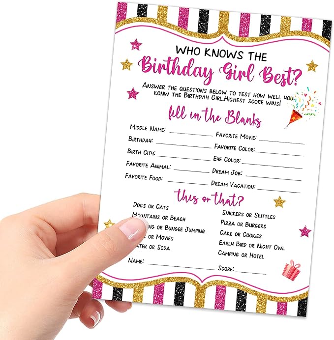 ALodr 20 Pieces Who Knows The Birthday Girl Best Cards - Birthday Party Decor Card Set Girly Themed Party Activities and Idea - Girl Birthday Supplies, Activity, Decorations