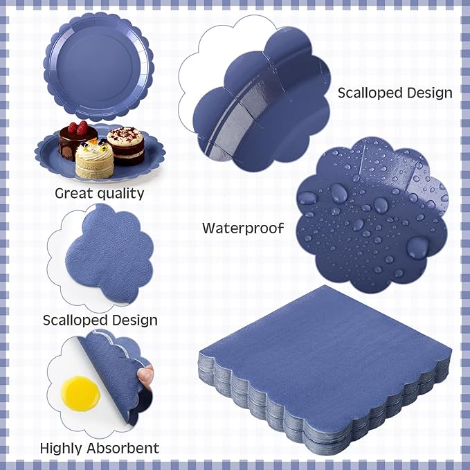 350 Pcs Navy Blue Plates and Napkins, 50 Guest Graduation Party Supplies Include Scalloped Paper Plates Napkins Cups Plastic Spoons Forks Knives Disposable Tableware Set for School Graduate