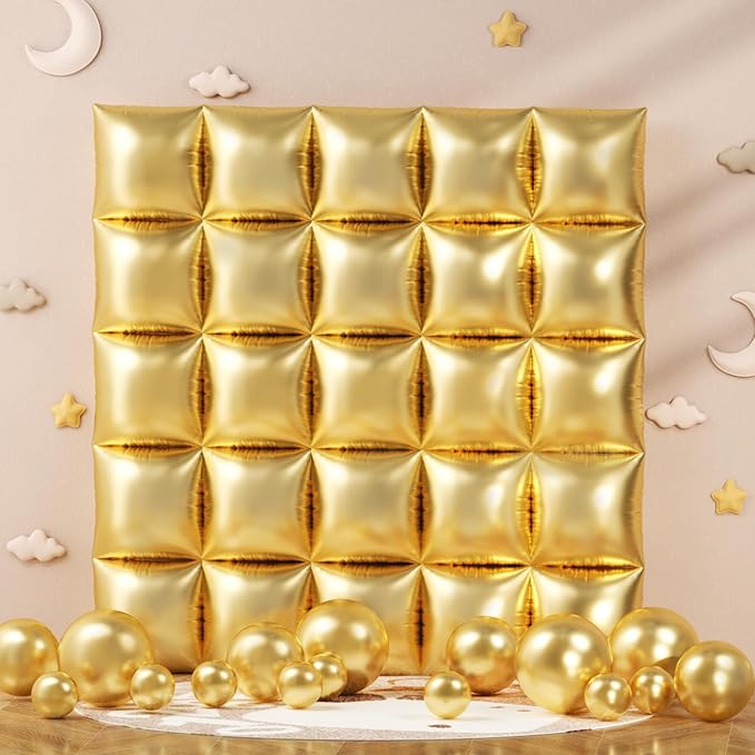 152Pcs Gold Foil Square Balloon Wall Backdrop with Metallic Gold Latex Balloons Arch Garland Kit, Double Sided Balloon Tunnel for New Year Birthday Anniversary Graduation Party Decorations