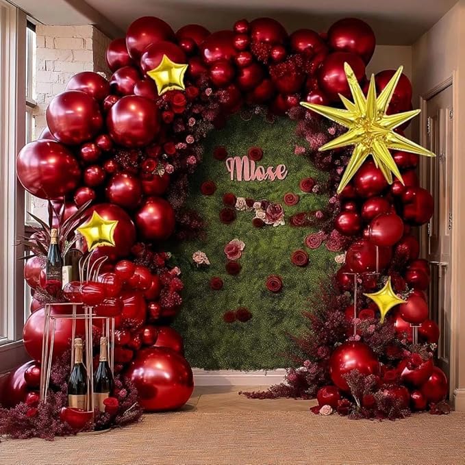 Burgundy Balloon Double Stuffed Latex Wine Red Explosion Star Balloon Arch Garland Different Sizes Maroon Balloons for Birthday Valentines Bridal Baby Shower Wedding Prom Party Decor