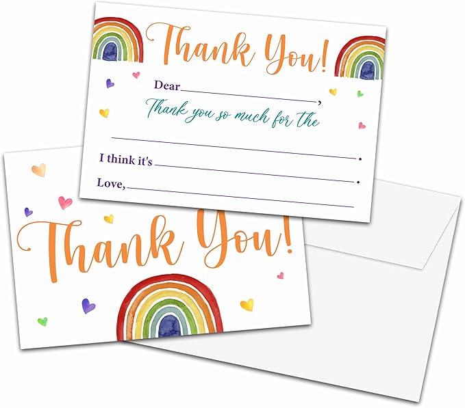 Kids Thank You Cards Fill in the Blank, Boho Rainbow Thank You Cards, Rainbow Greeting Cards, Thank You Notes For Boys Girls, Birthday Party Decorations Favors (20 Cards With 20 Envelopes) -11