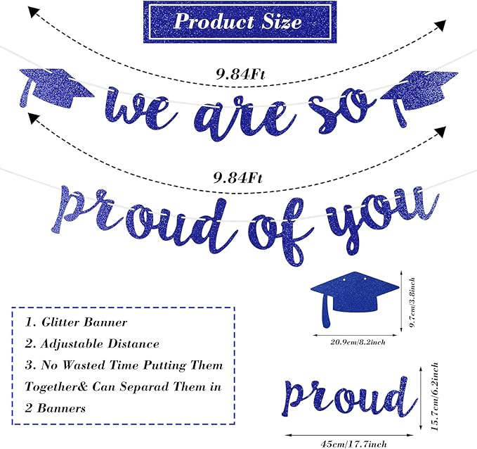 2026 Graduation Decorations Pre-Strung Blingbling We Are So Proud of You Banner Glitter Graduation Garland for Class of 2026 High School College Grad Party (Navy Blue)
