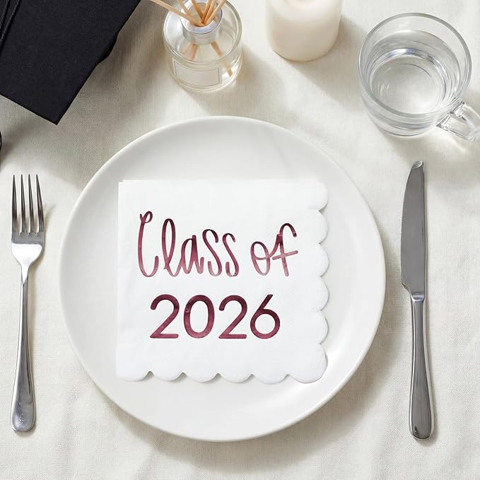 100 Pcs Class of 2026 Graduation Cocktail Napkins 5 x 5 Inch Congrats Grad Scalloped Paper Napkins for Dinner Beverage Graduate Decorations(Dark Red)
