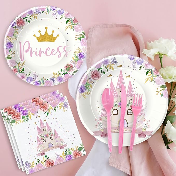 Princess Party Decorations Tableware - Princess Birthday Party Supplies Include Plates, Cups, Napkins, Tablecloth, Cutlery, Straw, Girl Birthday Baby Shower Party Decorations | Serve 24