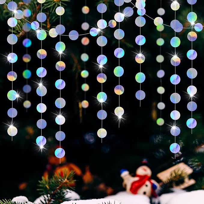 Iridescent Circle Dots Garlands Decorations, 52 Feet, Glitter Disco Garland Hanging Banner for Christmas Party, Anniversaries, Wedding, Birthday Parties, Graduations Parties, Baby Showers(Iridescent)