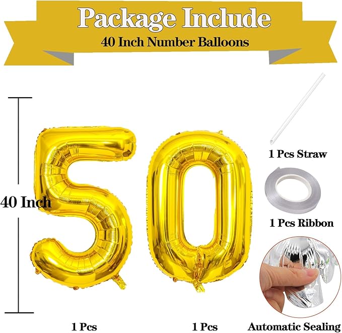 Giant Gold Number 50 Balloons, 40 Inch Jumbo Number 50, Large Foil Mylar Balloons for Girls Women 50th Birthday Party Decorations, 50 Anniversary Events Decorations