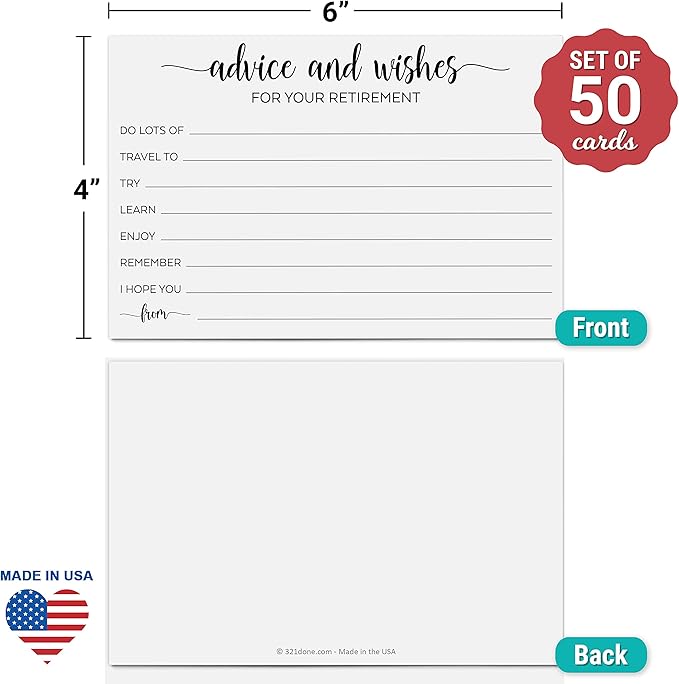 321Done Retirement Party Advice and Wishes Cards, 4x6 White, Made in USA - Fun Party Idea, Game, Activity, Well Wishes and Memories - Ad Lib Prompts - Set of 50