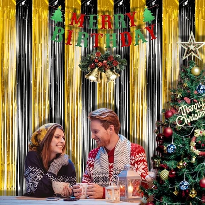 BRAVESHINE 3.2 x 8.2ft Black Gold Foil Fringe Curtains - 2 Pack Tinsel Photo Booths Party Streamers Backdrop for New Years/Boy/Men/Birthdays/Engagement/Homecoming/Farewell/Prom/Christmas Decorations