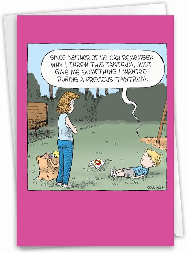 NobleWorks - 1 Humor Belated Birthday Card with Envelope - Funny Cartoons for Birthday Greetings, Celebration Notecard - Tantrum C8878BEG
