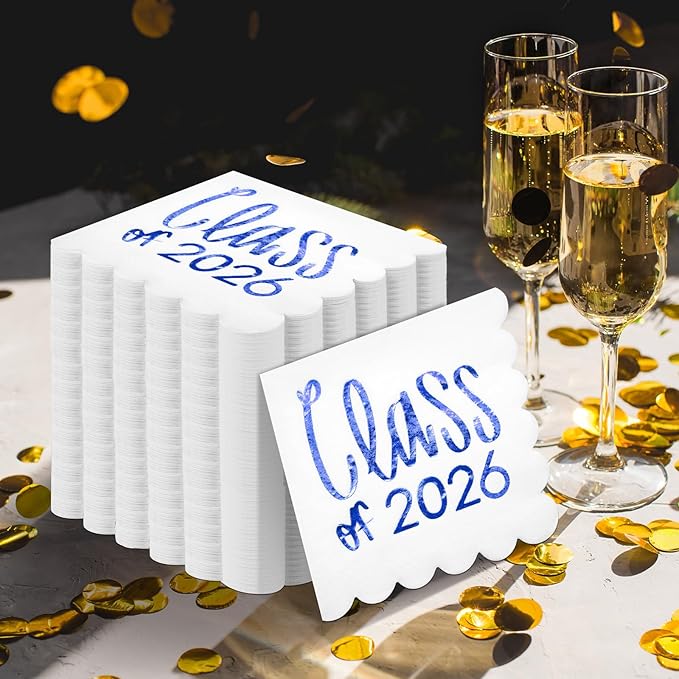 100 Pcs Class of 2026 Graduation Cocktail Napkins 5 x 5 Inch Congrats Grad Scalloped Paper Napkins for Dinner Beverage Graduate Decorations(Blue)