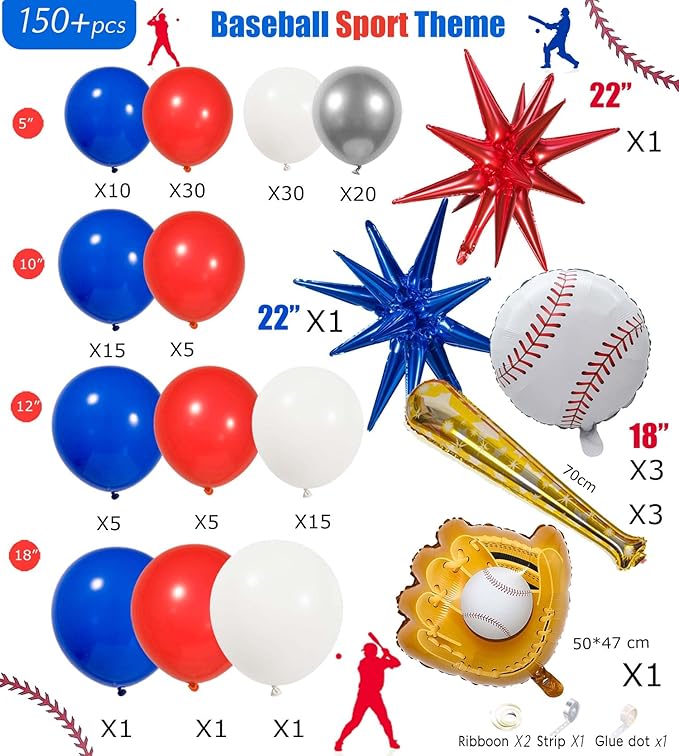 Baseball Balloon garland arch kit 150pcs Red Blue White Silver and Star Baseball bat glove foil balloons fot Sport theme Party Rookie Year 1st Birthday decorations