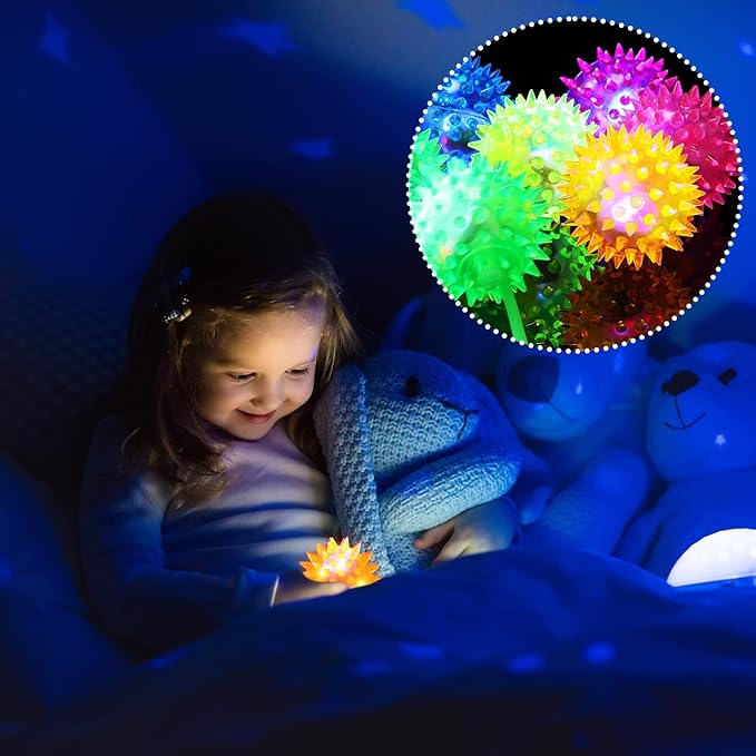 Sotiff 9 Pcs Light up Ball Spiky LED Bouncy Ball Flashing Squeaky Multicolor Puffer Toy Rubber Sensory Toy Carnival Prizes Bulk Party Favors for Teens, Adults, Children
