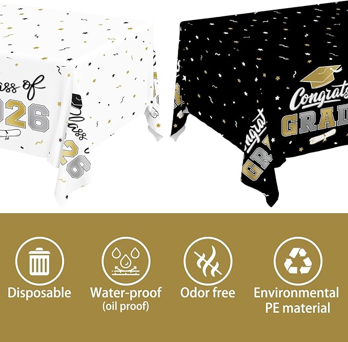 2026 Graduation Decorations : 2-Pack Congrats Grad Disposable Tablecovers - Class of 2026 Black and White Themed Table Cloths, for Graduation Party Supplies & Graduation Backdrop, 54" X 108"