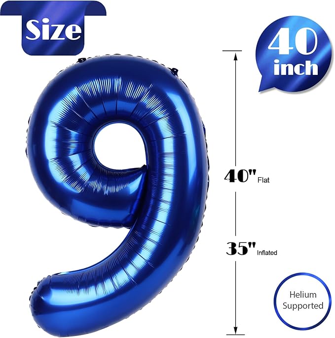 Night Blue 9 Balloon, Number Balloons 40 Inch, 9th Giant Birthday Decorations for Girls, 19th 29th Party Decorations Supplies, Number 9 Balloon