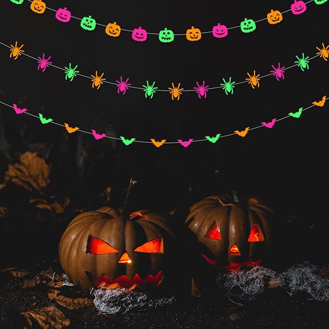 Halloween Party Decorations Neon Banner - 3pcs Glow in The Dark Paper Pumpkin Bats Spiders Hanging Swirls Streamers,Window Fireplace Room Ceiling Garland, Baby Shower Birthday Supplies Decor Panduola