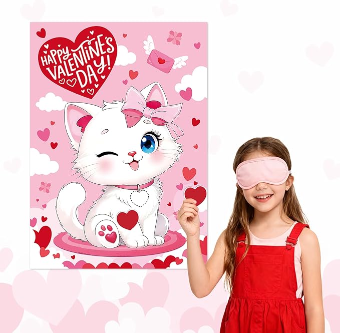 Valentine Games - Pin The Heart Game with Large Poster, 48 Reusable Heart Stickers, 2 Eye Masks & Adhesive Dots - Valentine's Day Party Supplies