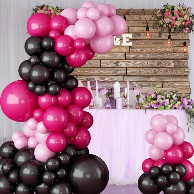 Hot Pink Black Balloon Garland Arch Kit,Rose Red Black and Pink Latex Balloons for Baby Shower Wedding Birthday Graduation Anniversary Bachelorette Party Background Decorations