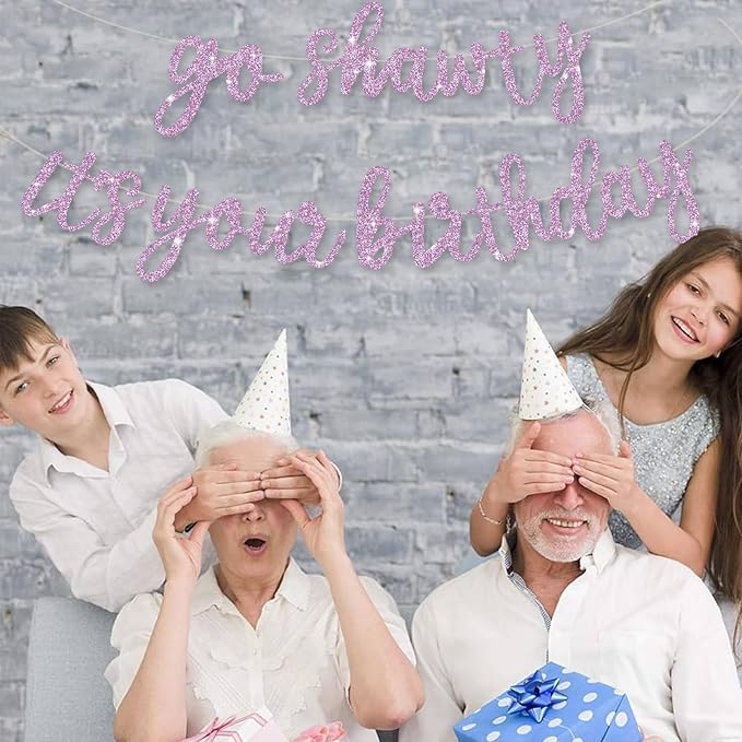 BEISHIDA Light Purple Go Shawty It's Your Birthday Banner - NO DIY - Hip Hop Theme Glitter Happy Birthday Banner - Pre-Strung - Light Purple Rap Theme Happy Birthday Sign for Man Women birthday Party