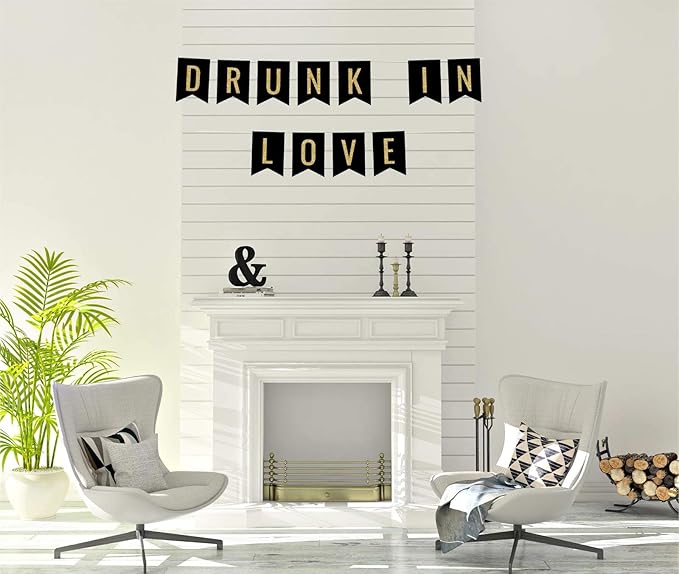 Andaz Press Faux Gold Glitter on Black Funny Alcohol Party Banner Decorations, Drunk in Love, Approx 5-Feet, 1-Set, Wedding Bridal Shower Bachelorette Birthday Colored Hanging Pennant Decor