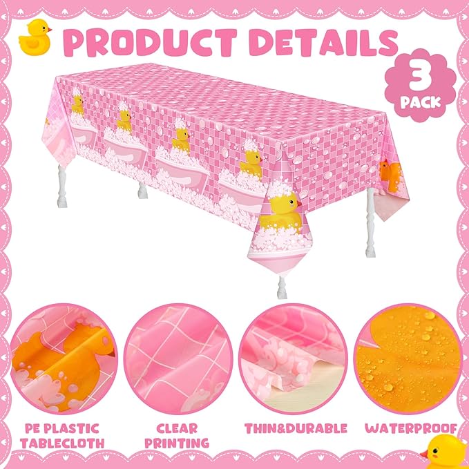 Oudain 3 Pcs Plastic Yellow Duck Tablecloth Disposable Cute Bubble Rubber Yellow Ducky Table Cover for Birthday Party Decorations Supplies, 51 x 86.6 Inch (Pink)
