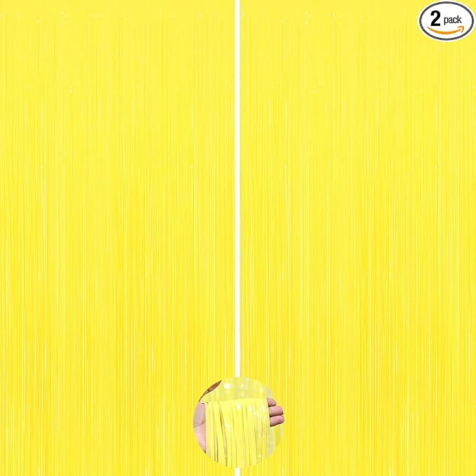 2Pack Pastel Yellow Foil Fringe Backdrop Curtains Tinsel Streamers Birthday Party Decorations, Macaron Yellow Fringe Backdrop for Graduation, Gender Reveal, Disco Party, Bachelorette Xmas Party Decors