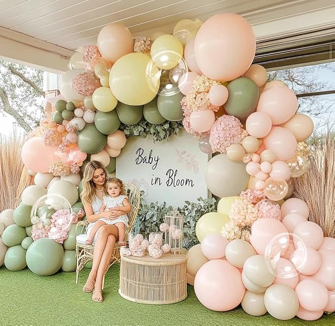 Pink Green Yellow Balloon Arch Kit, Double Stuffed Sage Green Pastel Pink Yellow White Sand Balloon Garland Beige Cream Balloons for Baby Shower Birthday Wedding Easter Fairy Flower Tea Party Decor