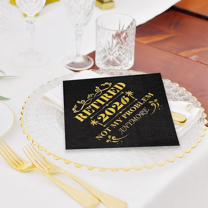 Retired 2026 Cocktail Napkins, 50 Pack 3-Ply Retirement Party Decorations Supplies, Black & Gold Disposable Napkins for Farewell,Coworker Goodbye & Going Away Celebration (5"x5")