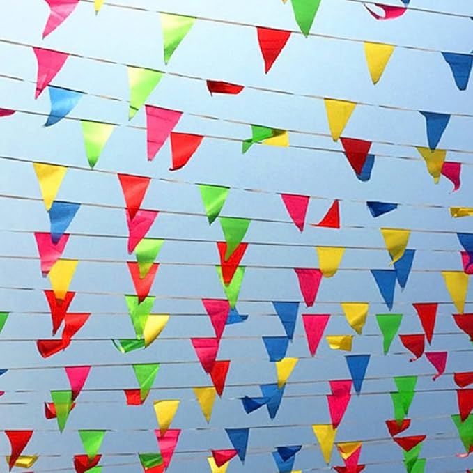 Novelty Place 100 Feet Pennant Banner - 75 Multicolor Bunting Flags (7x11 Inches) - Birthday Party Grand Opening Christmas Decorations