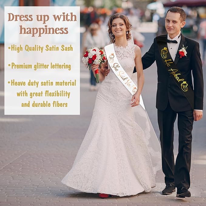 He Asked & She Said Yes Sashes Kit, Funny Rose Gold Bride to Be Sash & Gold Groom to Be Sash for Wedding Engagement Bachelorette Bridal Shower Party Decor Favors Funny Gifts (White and Black)