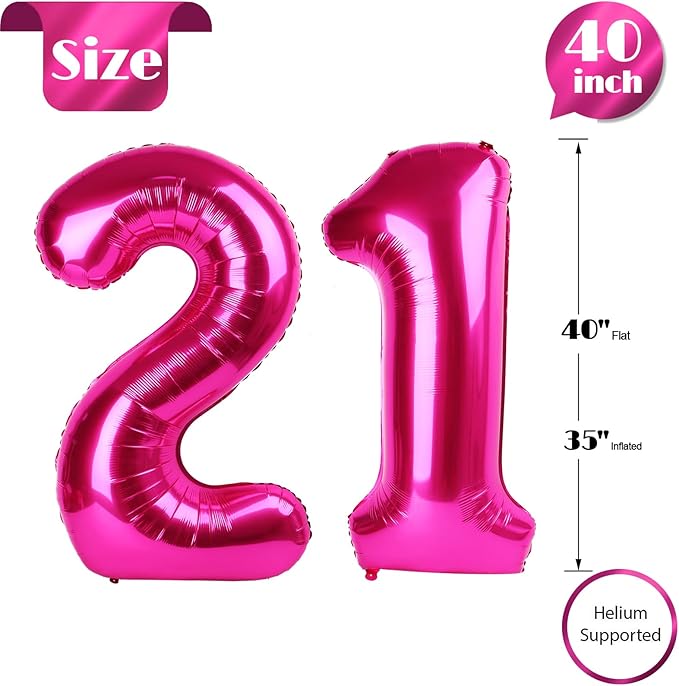 21 Balloon Number, Hot Pink Number 21st Birthday Balloons 40 Inch, 21 or 12 Years Old Hot Pink Birthday Decorations for Men Women Him Her, 21st Anniversary Decorations