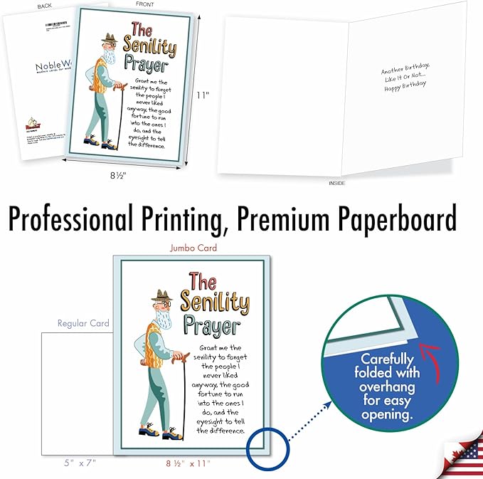 NobleWorks - Big Funny Birthday Greeting Card 8.5 x 11 Inch with Envelope (1 Pack) Large Jumbo Bday Man's Senility Prayer J9348BDG