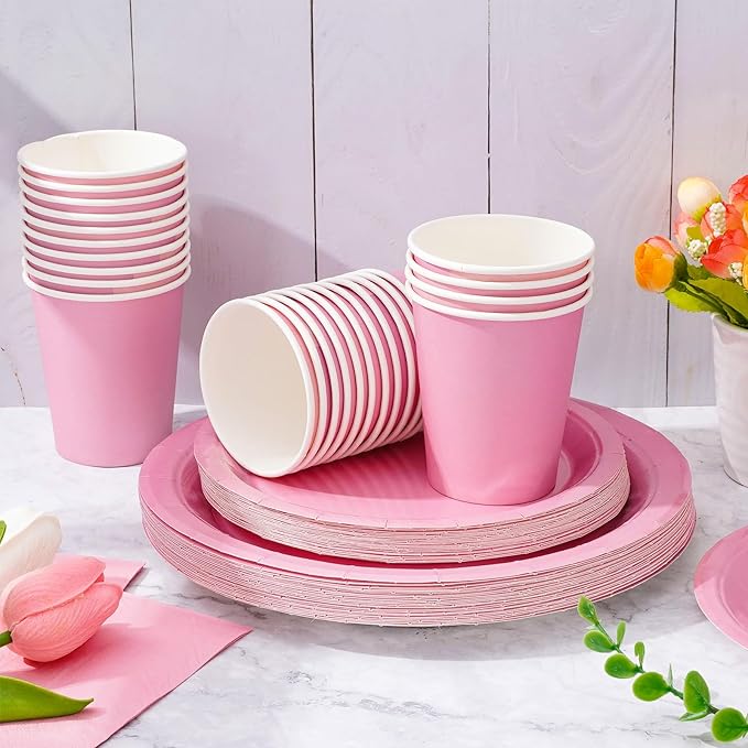 Whaline 100Pcs Valentine's Day Light Pink Tableware Set Wedding Disposable Dinnerware Set 50Pcs Paper Plates 25Pcs Napkins 25Pcs Cups for 25 Guests Wedding Birthday Bride Party Supplies Decorations