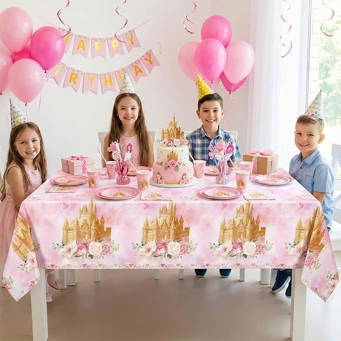 3 Pack Princess Tablecloths, 54 x 108 Inch Disposable Pink Rose Castle Themed Table Cloth Waterproof Pink Tablecloth Rectangle Birthday Party Table Cover for Girls Birthday Baby Shower Party Supplies