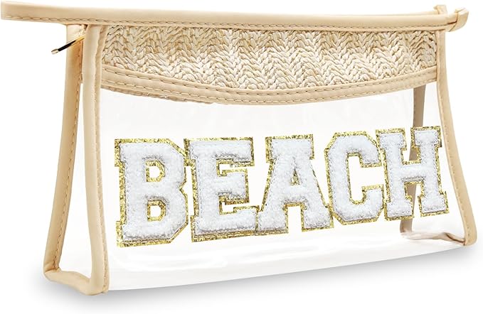 Makeup Bag with Glitter Chenille Letter, 1.1L Capacity Clear Makeup Letter Bag, Beach Bag, 【Easy to Carry】, 【Handmade Woven】 Travel Makeup Bag for Women, (Beige-BEACH)