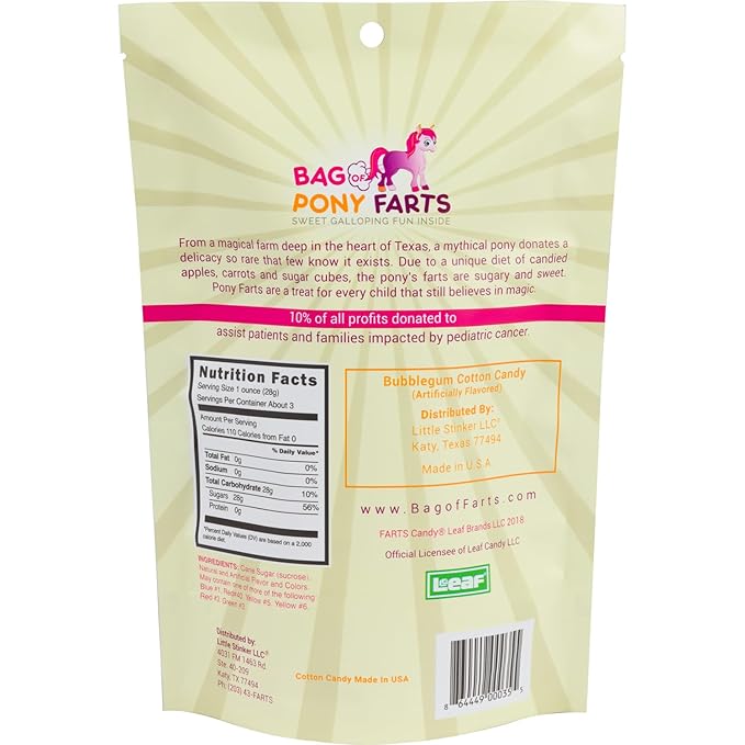 Bag Of Pony Farts Cotton Candy, Bubblegum flavor, Funny for All Ages Unique Birthday for Friends, Mom, Dad, Girl, Boy Funny Easter Basket Stuffer Gag Gift, 3 ounces / 1 pack