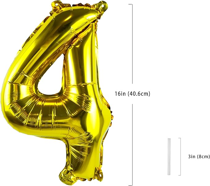 Gold Number “4”Balloons 16 Inch, Mylar Foil Custom Single Letter, Hanging, Reusable for girls boys adults Birthday,Surprise,Wedding, Celebration, Sports Party Event Decoration Supplies
