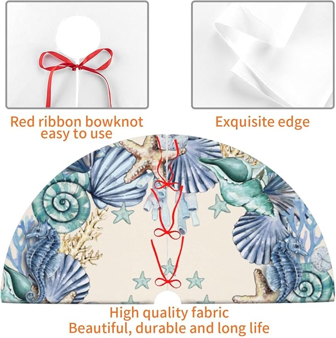 Shell Coastal Wreath Beach Starfish Theme Seahorse Christmas Tree Skirt Xmas Tree Mat Halloween Christmas Tree Ornaments Decorations Holiday Party Indoor Outdoor 36"