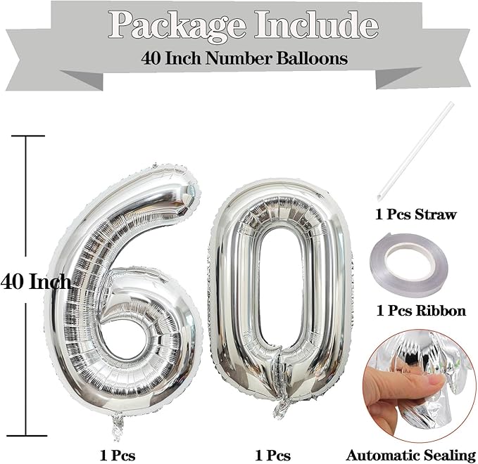 Giant Silver Number 60 Balloons, 40 Inch Jumbo Number 60, Large Foil Mylar Balloons for Girls Women 60th Birthday Party Decorations, 60 Anniversary Events Decorations