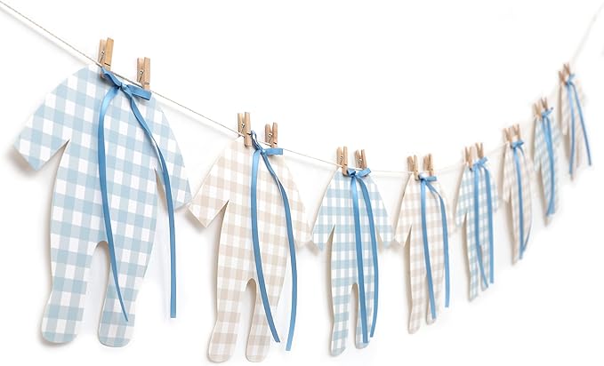 Blue and Cream Baby Onesie Garland – 8 PCS Big Size Baby Shower Banner, Baby Clothesline Garland, Blue Plaid Baby Bodysuit Cutouts for Gender Neutral Baby Shower or Nursery Decor