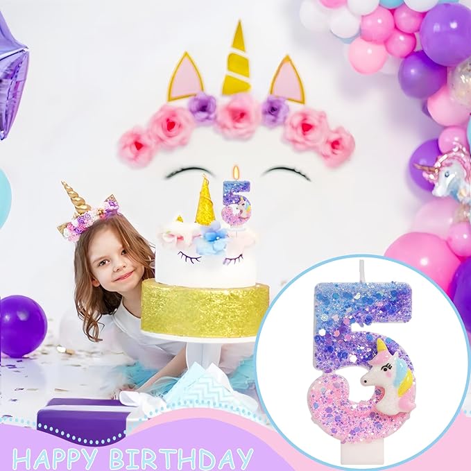Unicorn Candle - Number 5 Candle, 5th Birthday Decorations for Girls, Colorful Sequins Birthday Candles for Cake, Cartoon Unicorn Theme Party Decorations