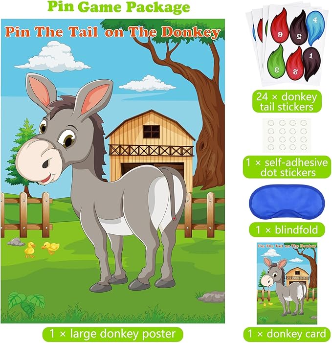 PLULON Pin The Tail on The Donkey Party Game for Kids, Donkey Themed Animal Birthday Party Games Donkey Poster with Tail Stickers for Kids Farm Animal Donkey Party Favors Home Wall Decorations