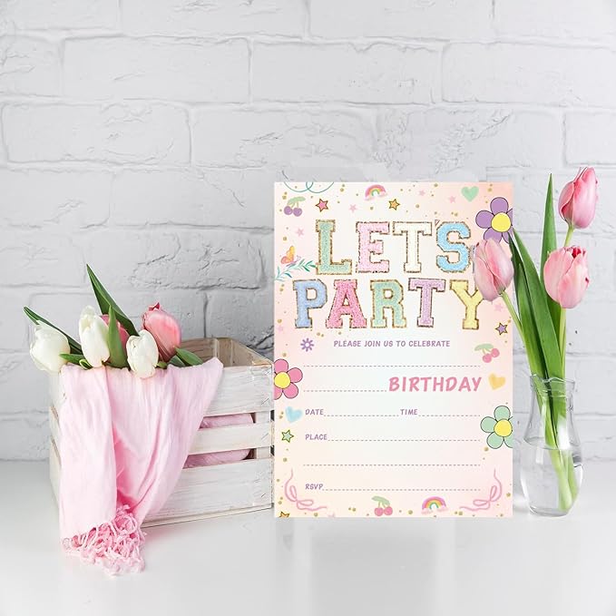 Let's Party! Birthday Invitations - Cute Flower - 20Pcs Double-Sided Fill- In Invitation Cards & Envelopes For Boys, Girls, Birthday Party Favor & Supplies 6 x 4 Inch